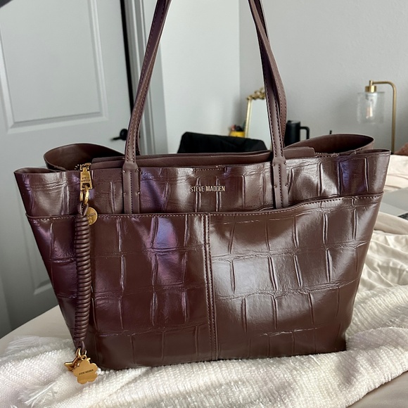 Steve Madden Chocolate Brown Croc Tote Bag Laptop Friendly - Picture 1 of 8